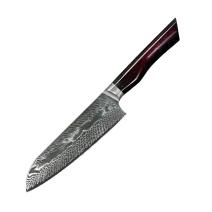 Damaskiteräinen keittiöveitsi YO-37404 - Santoku / Punainen / Sininen